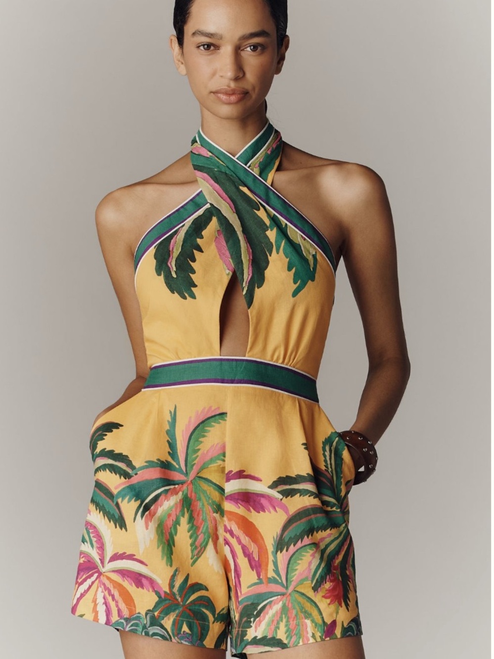 NWT Farm Rio x Anthropologie Linen Blend Tropical Halter Romper XL